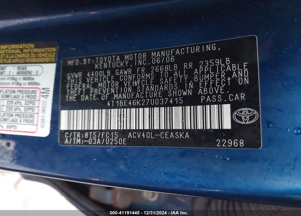 2007 TOYOTA CAMRY SE VIN: 4T1BE46K27U037415