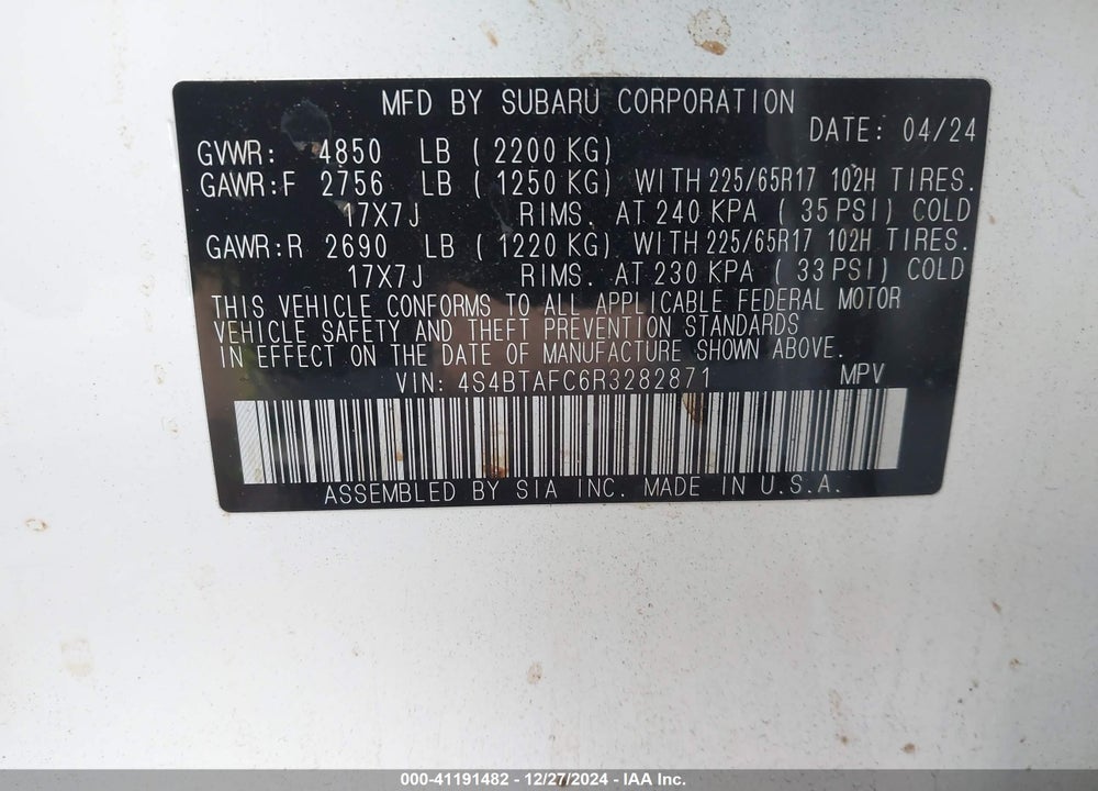 2024 SUBARU OUTBACK PREMIUM VIN: 4S4BTAFC6R3282871
