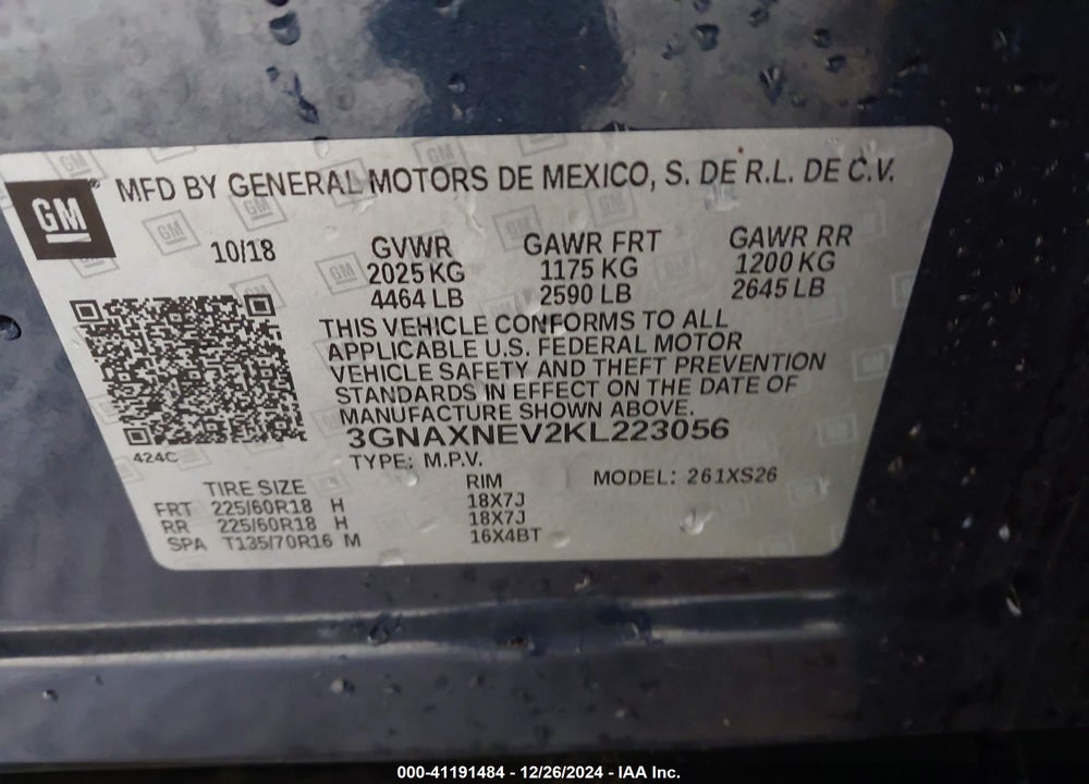 2019 CHEVROLET EQUINOX PREMIER VIN: 3GNAXNEV2KL223056
