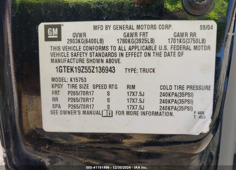 2005 GMC SIERRA 1500 SLT VIN: 1GTEK19Z55Z136943