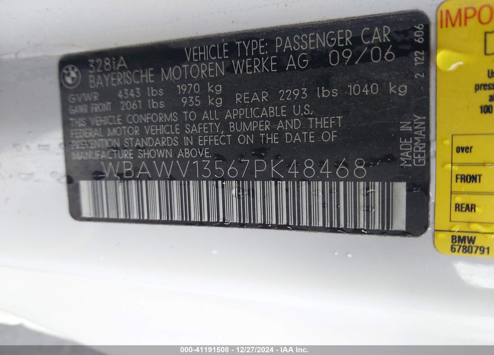 2007 BMW 328I VIN: WBAWV13567PK48468