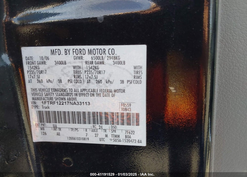 2007 FORD F150 VIN: 1FTRF12217NA33113
