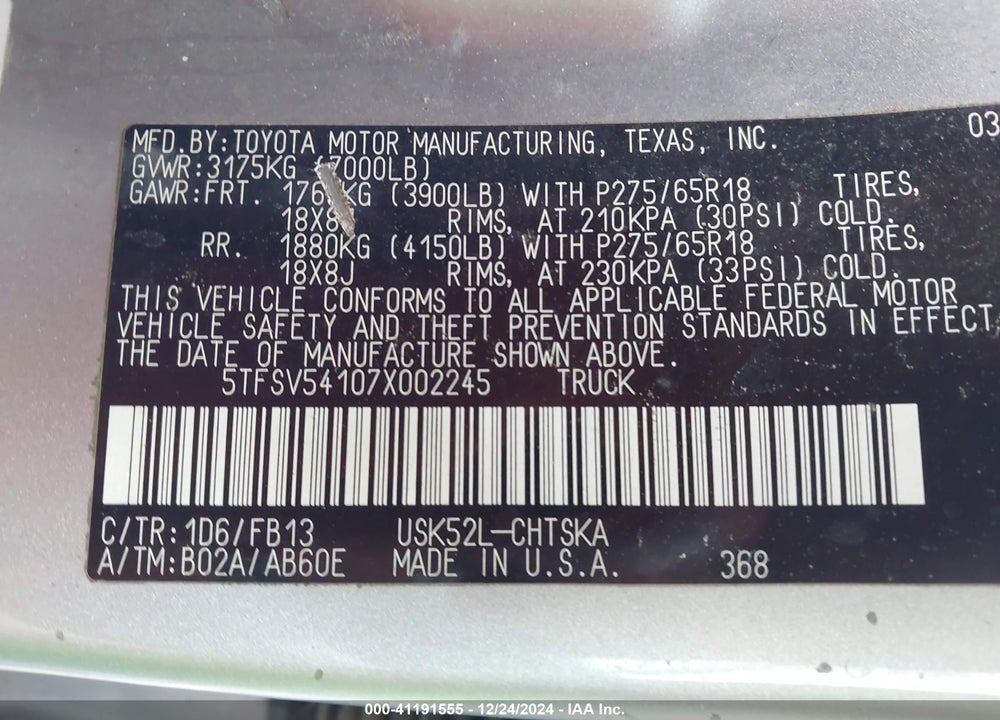 2007 TOYOTA TUNDRA VIN: 5TFSV54107X002245