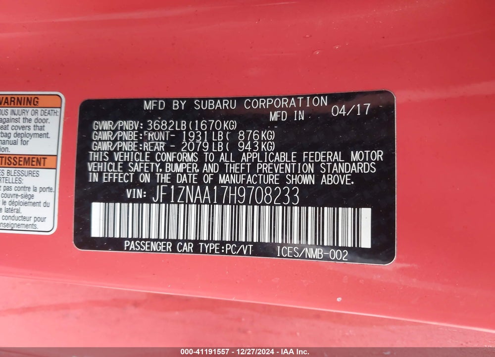 2017 TOYOTA 86 VIN: JF1ZNAA17H9708233