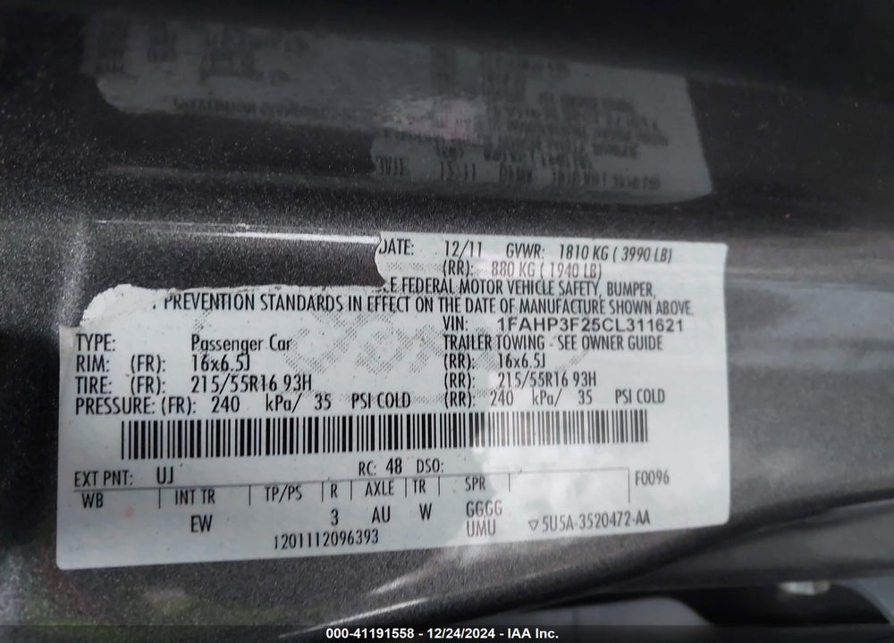 2012 FORD FOCUS SE VIN: 1FAHP3F25CL311621