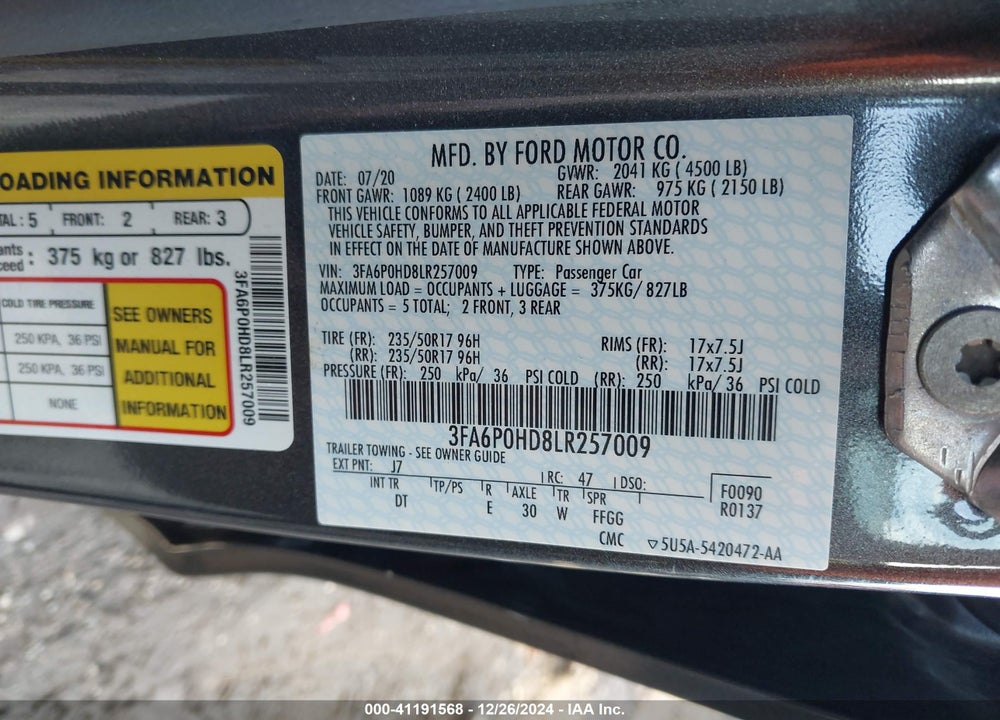 2020 FORD FUSION SE VIN: 3FA6P0HD8LR257009