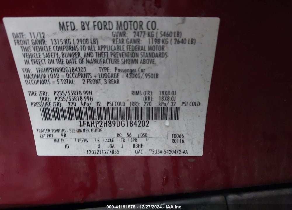 2013 FORD TAURUS VIN: 1FAHP2H89DG184202