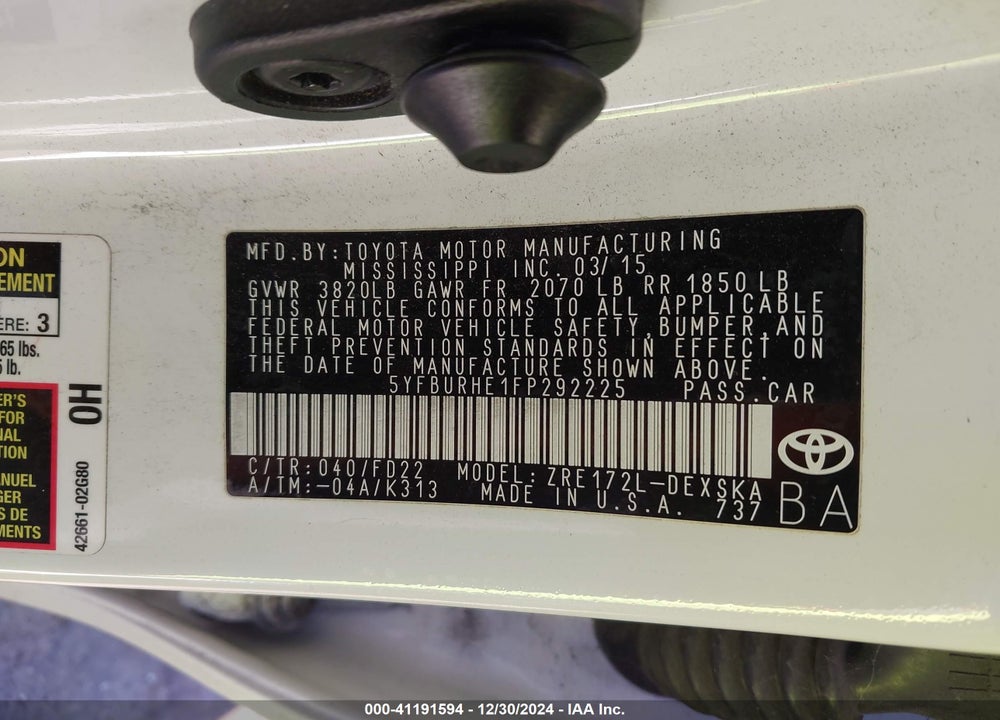 2015 TOYOTA COROLLA S PLUS VIN: 5YFBURHE1FP292225
