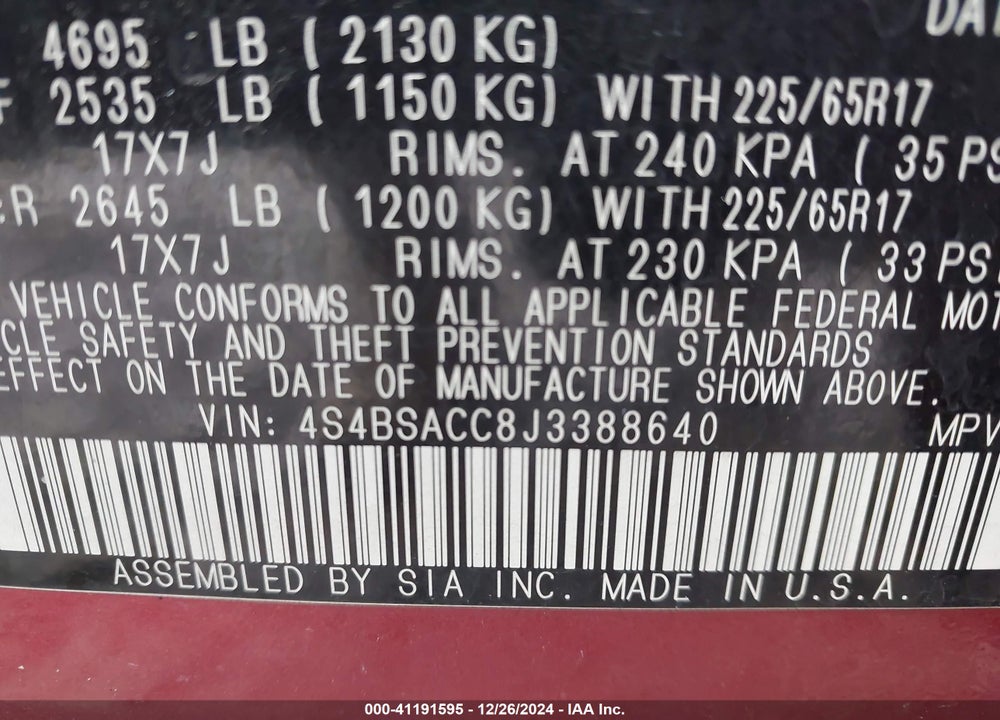 2018 SUBARU OUTBACK 2.5I PREMIUM VIN: 4S4BSACC8J3388640