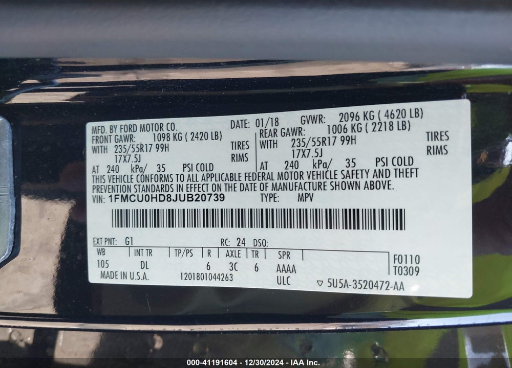 2018 FORD ESCAPE SEL VIN: 1FMCU0HD8JUB20739