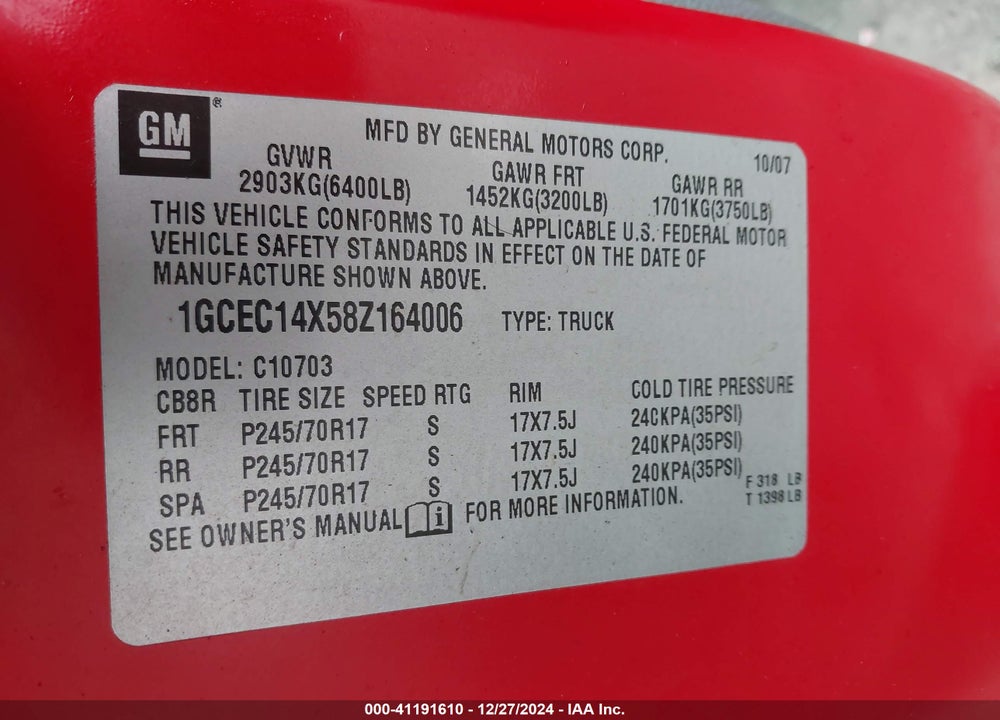 2008 CHEVROLET SILVERADO 1500 WORK TRUCK VIN: 1GCEC14X58Z164006