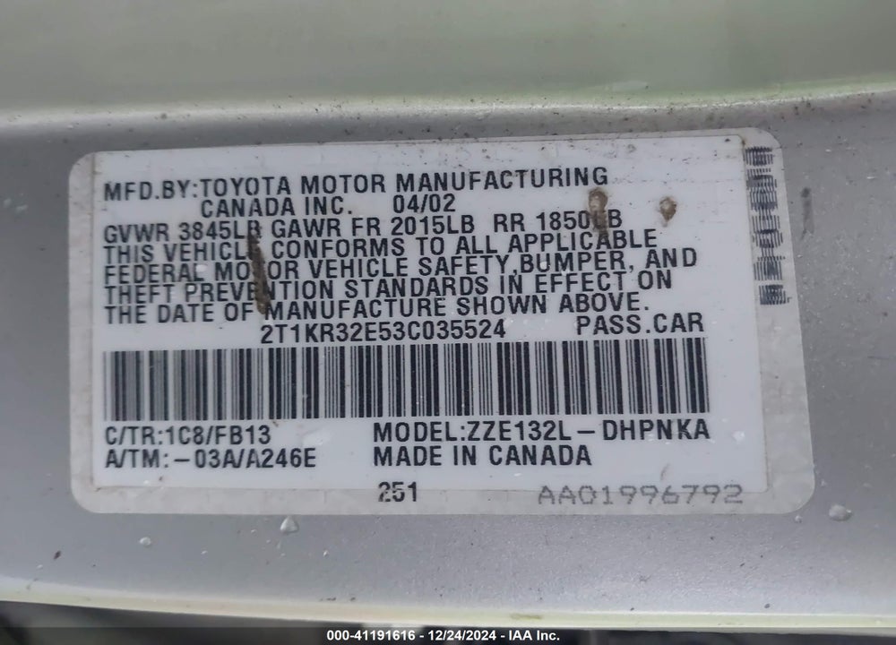 2003 TOYOTA MATRIX/XR VIN: 2T1KR32E53C035524