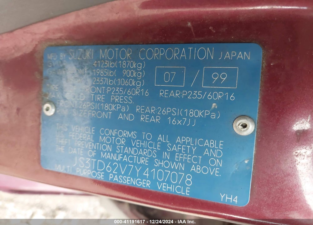 2000 SUZUKI GRAND VITARA JLX/JLX+/LIMITED VIN: JS3TD62V7Y4107078