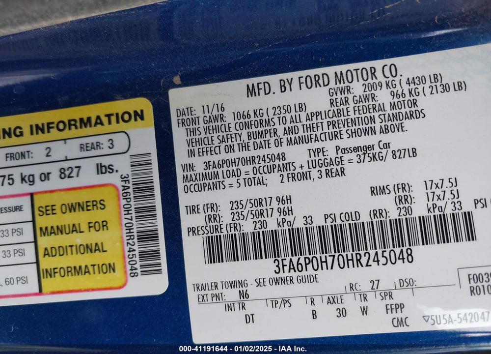 2017 FORD FUSION SE VIN: 3FA6P0H70HR245048