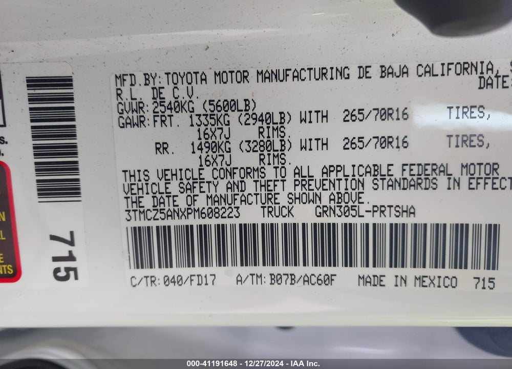 2023 TOYOTA TACOMA TRD OFF ROAD VIN: 3TMCZ5ANXPM608223