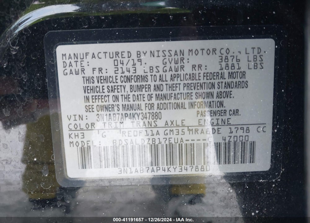 2019 NISSAN SENTRA VIN: 3N1AB7AP4KY347880