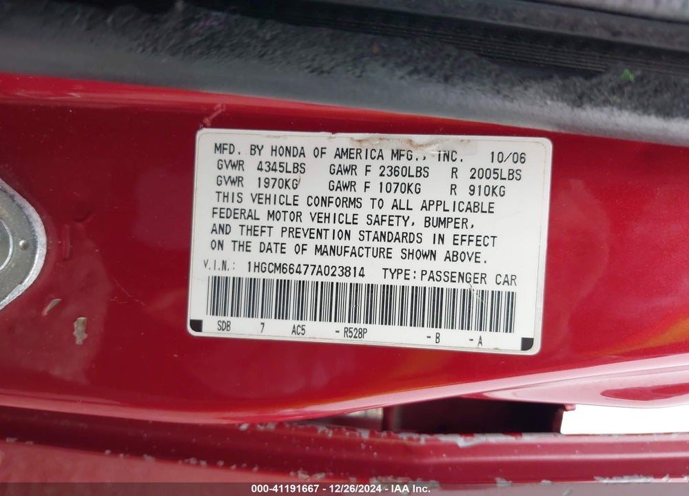 2007 HONDA ACCORD 3.0 SE VIN: 1HGCM66477A023814