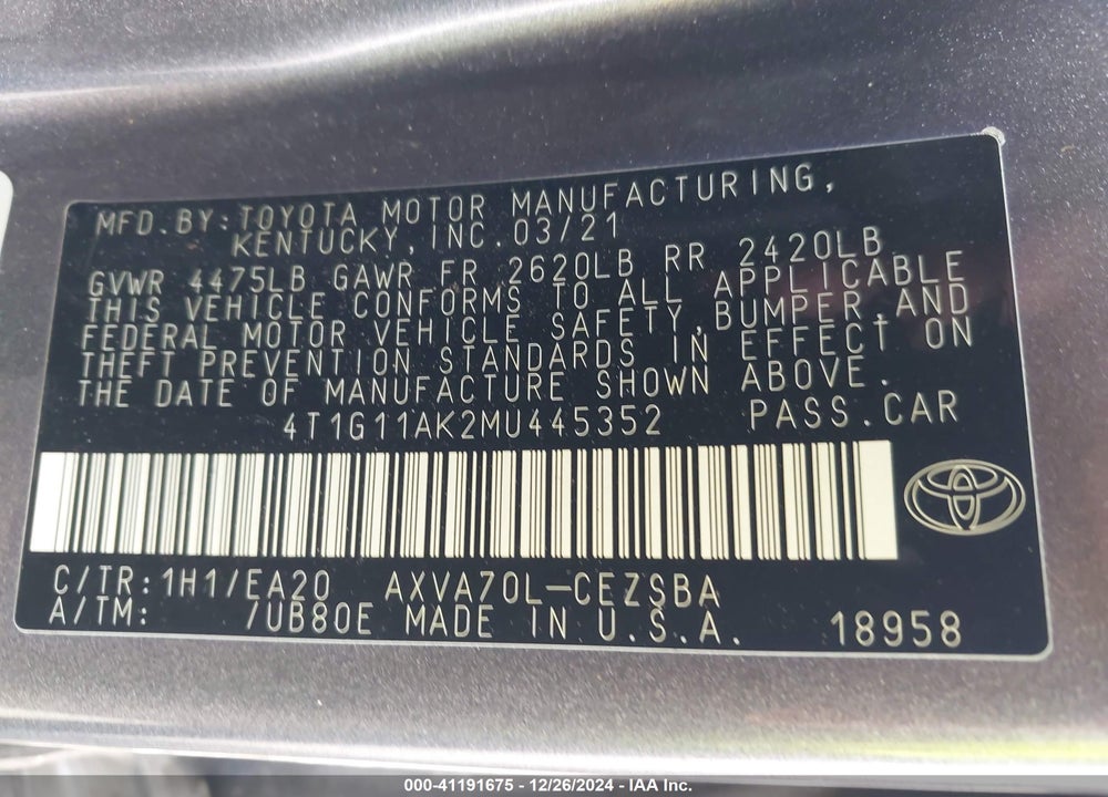 2021 TOYOTA CAMRY SE VIN: 4T1G11AK2MU445352