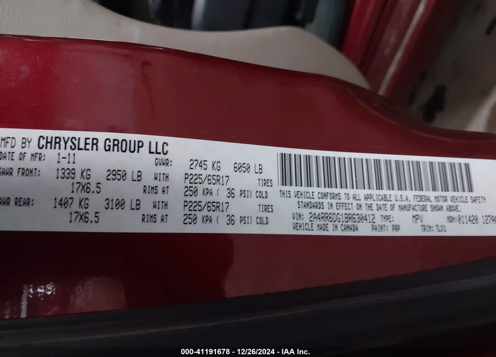 2011 CHRYSLER TOWN & COUNTRY LIMITED VIN: 2A4RR6DG1BR630412