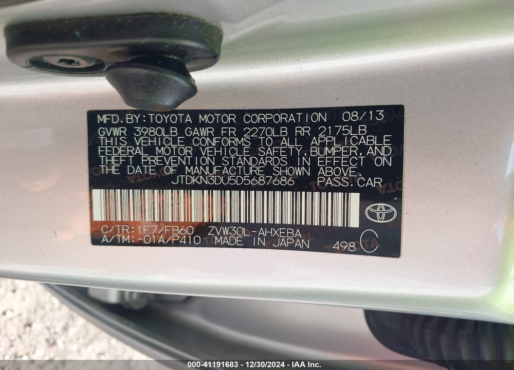 2013 TOYOTA PRIUS VIN: JTDKN3DU5D5687686