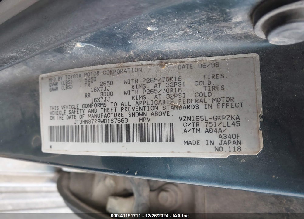 1998 TOYOTA 4RUNNER SR5 V6 LIMITED VIN: JT3HN87R9W0187663
