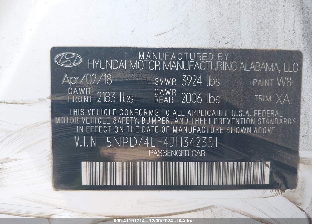 2018 HYUNDAI ELANTRA VIN: 5NPD74LF4JH342351