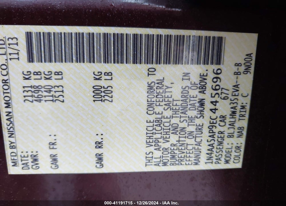 2014 NISSAN MAXIMA VIN: 1N4AA5AP9EC445696