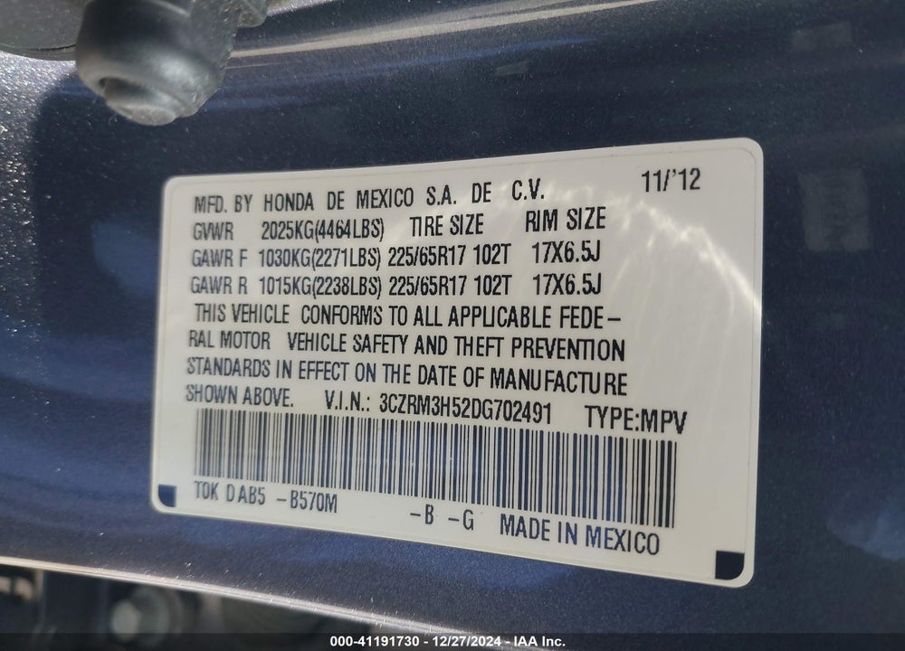 2013 HONDA CR-V EX VIN: 3CZRM3H52DG702491