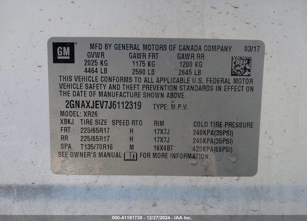 2018 CHEVROLET EQUINOX VIN: 2GNAXJEV7J6112319