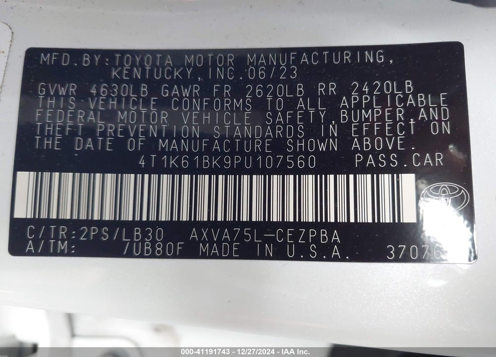 2023 TOYOTA CAMRY VIN: 4T1K61BK9PU107560
