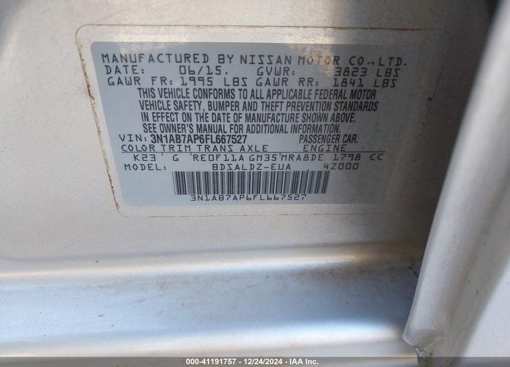 2015 NISSAN SENTRA VIN: 3N1AB7AP6FL667527