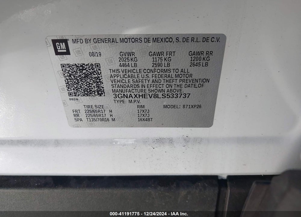2020 CHEVROLET EQUINOX FWD LS VIN: 3GNAXHEV8LS533737