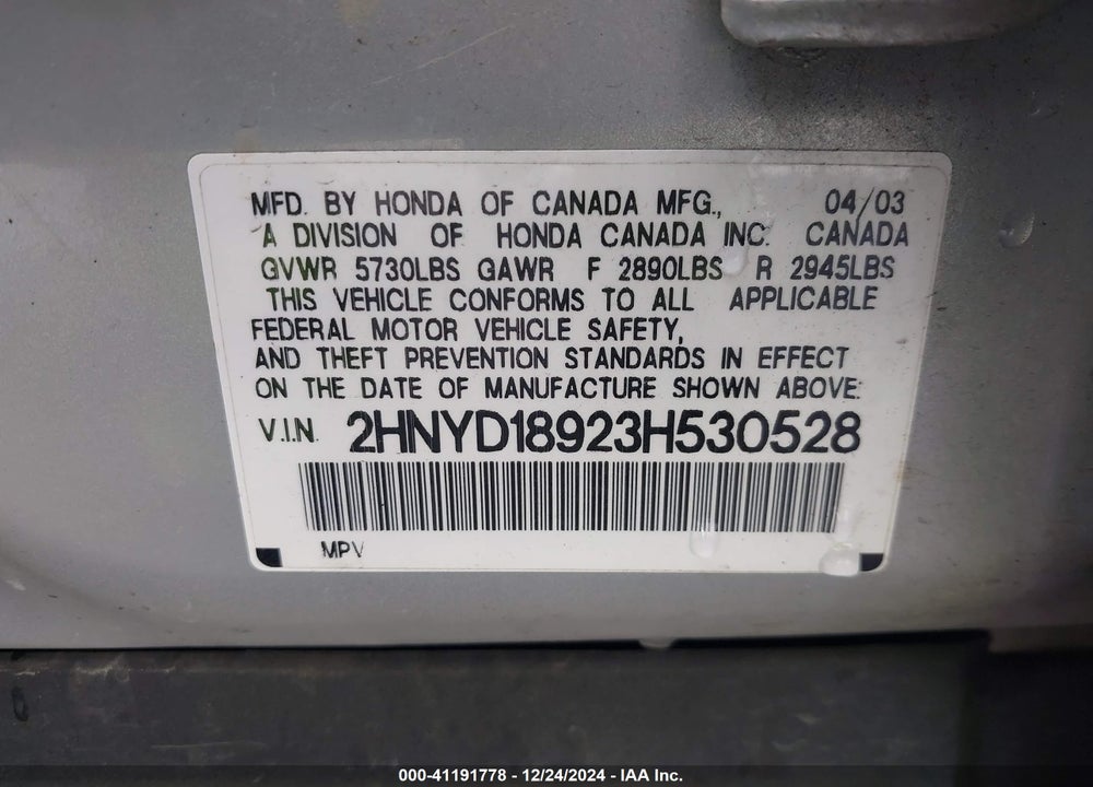 2003 ACURA MDX VIN: 2HNYD18923H530528