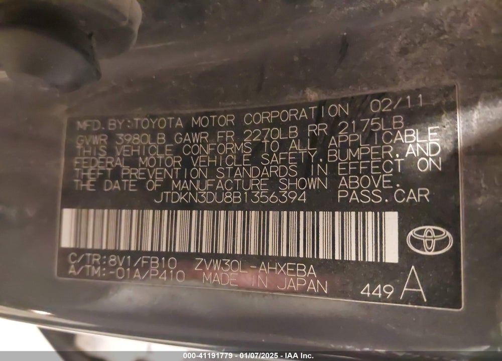2011 TOYOTA PRIUS TWO VIN: JTDKN3DU8B1356394