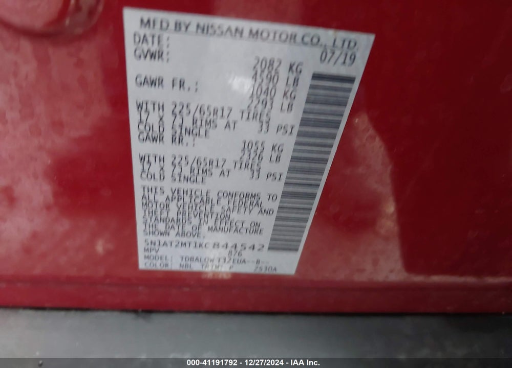 2019 NISSAN ROGUE VIN: 5N1AT2MT1KC844542