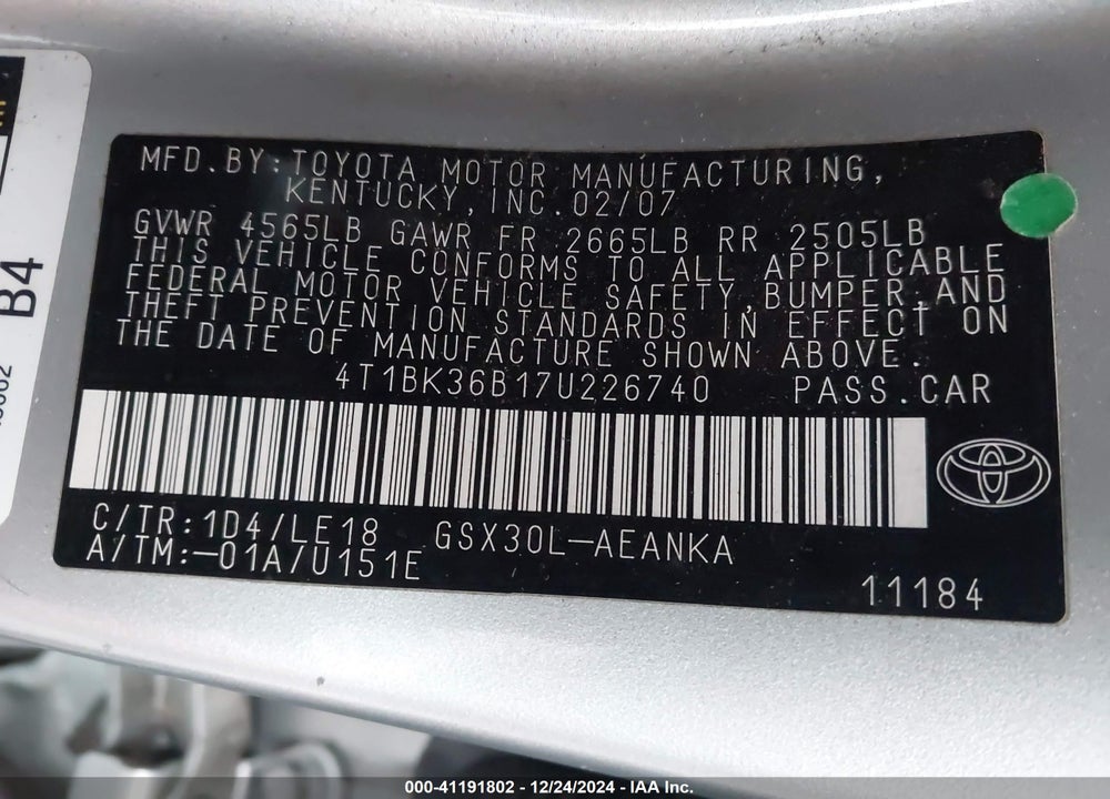 2007 TOYOTA AVALON VIN: 4T1BK36B17U226740