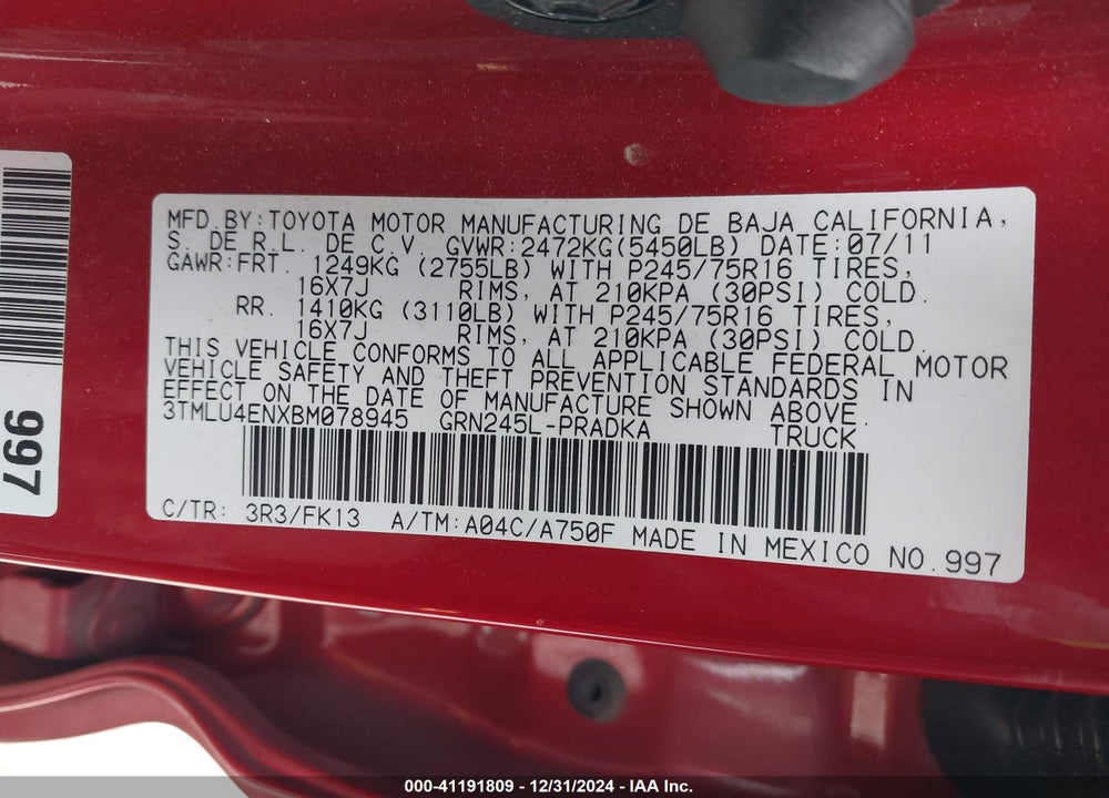 2011 TOYOTA TACOMA DOUBLE CAB VIN: 3TMLU4ENXBM078945