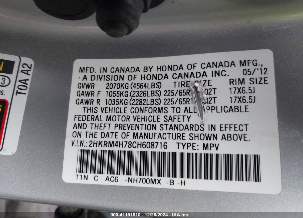 2012 HONDA CR-V EX-L VIN: 2HKRM4H78CH608716