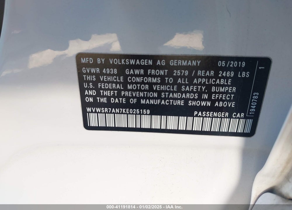 2019 VOLKSWAGEN ARTEON VIN: WVWSR7AN7KE025159