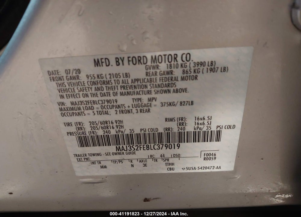 2020 FORD ECOSPORT S VIN: MAJ3S2FE8LC379019