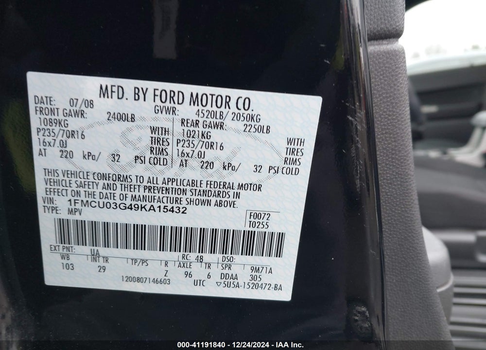 2009 FORD ESCAPE XLT VIN: 1FMCU03G49KA15432