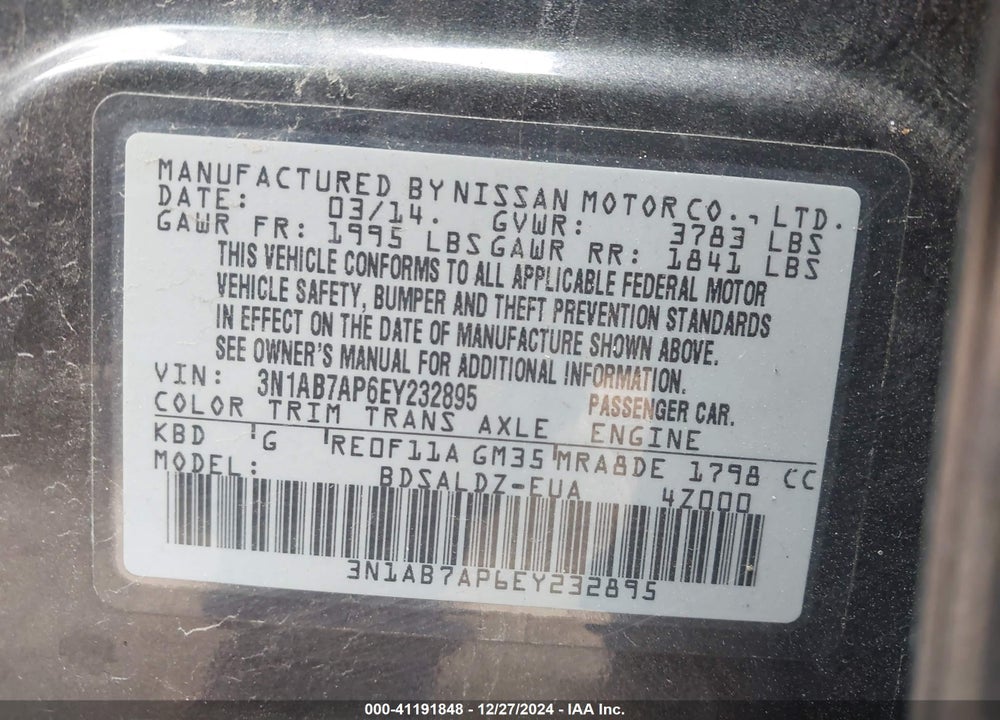 2014 NISSAN SENTRA VIN: 3N1AB7AP6EY232895