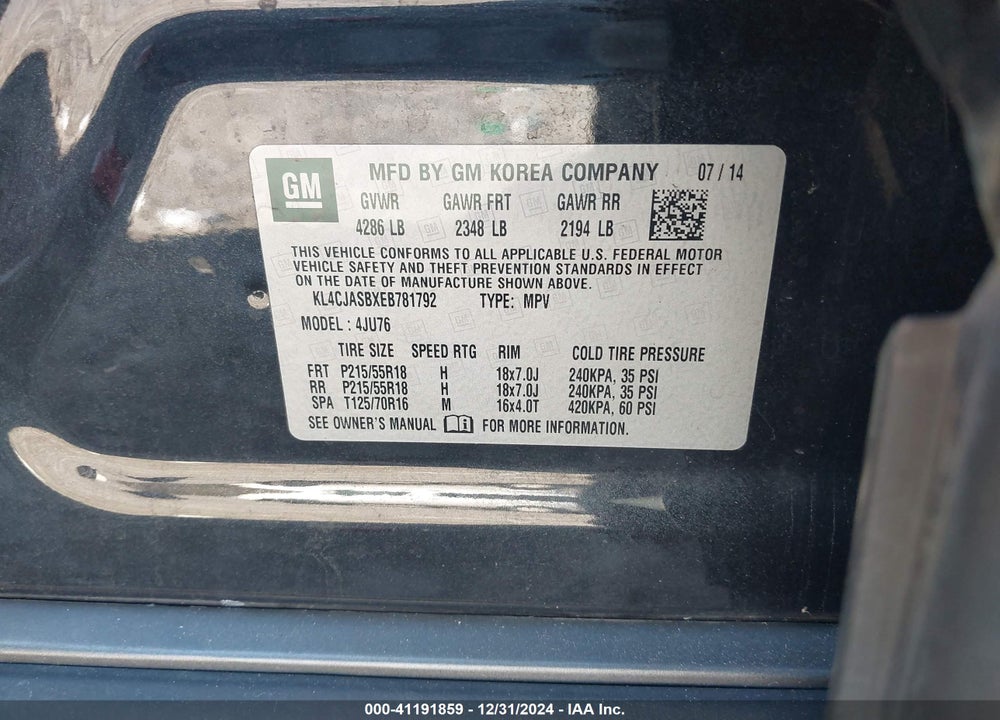 2014 BUICK ENCORE VIN: KL4CJASBXEB781792