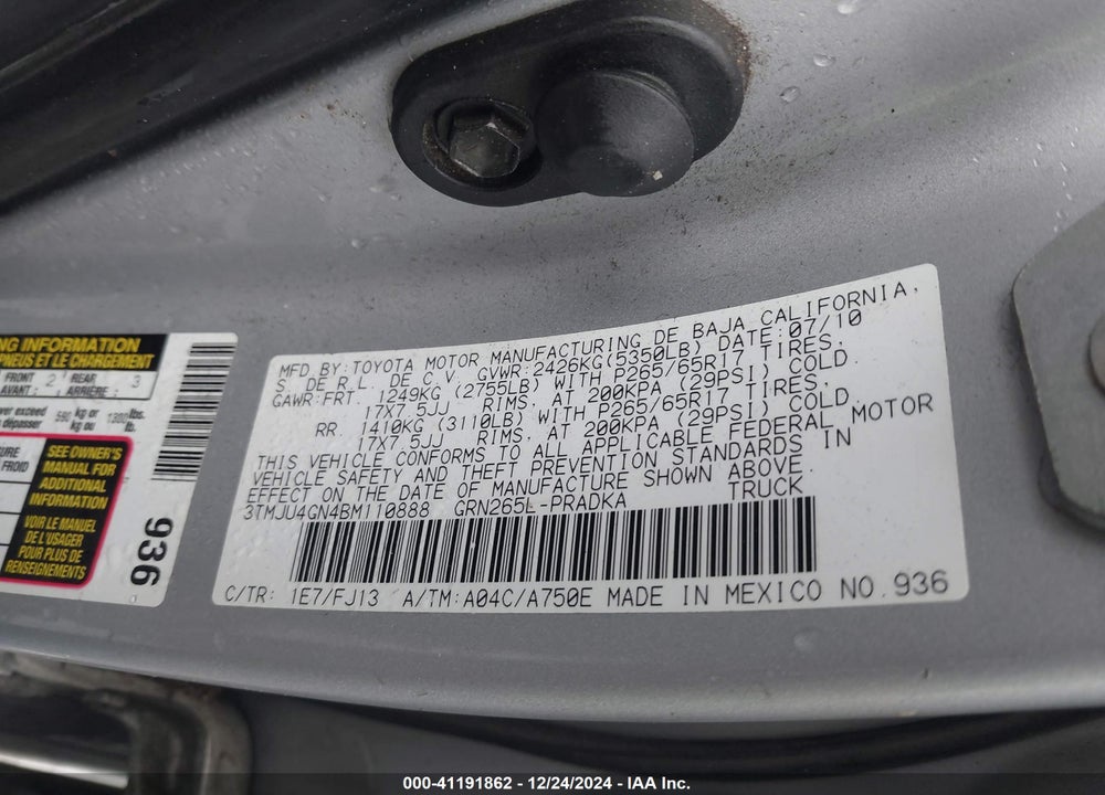 2011 TOYOTA TACOMA VIN: 3TMJU4GN4BM110888