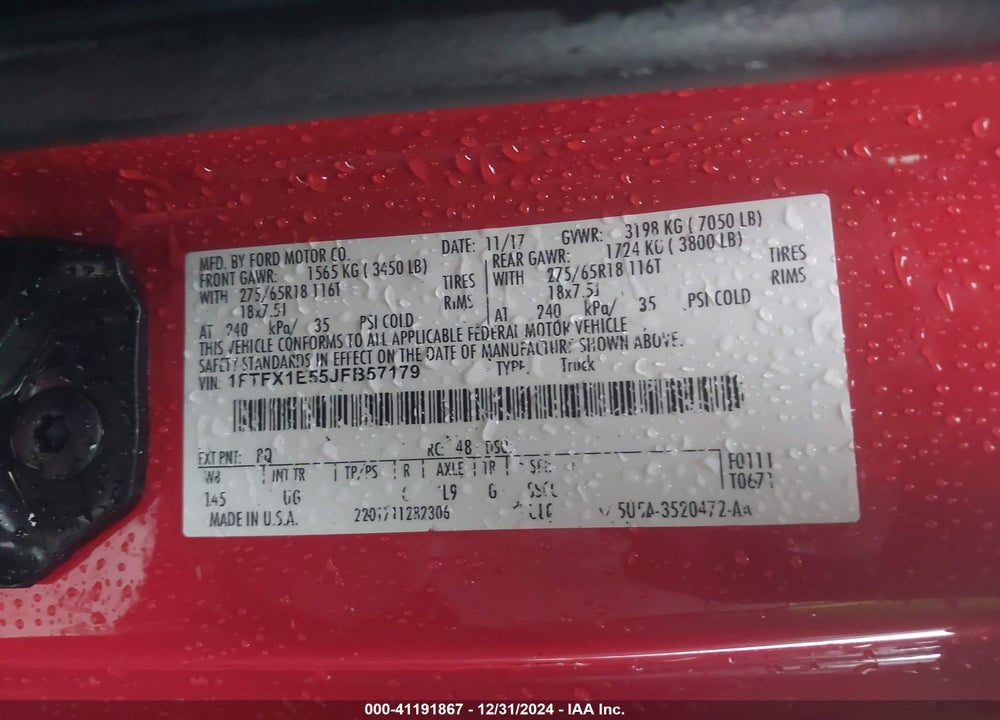 2018 FORD F150 VIN: 1FTFX1E55JFB57179