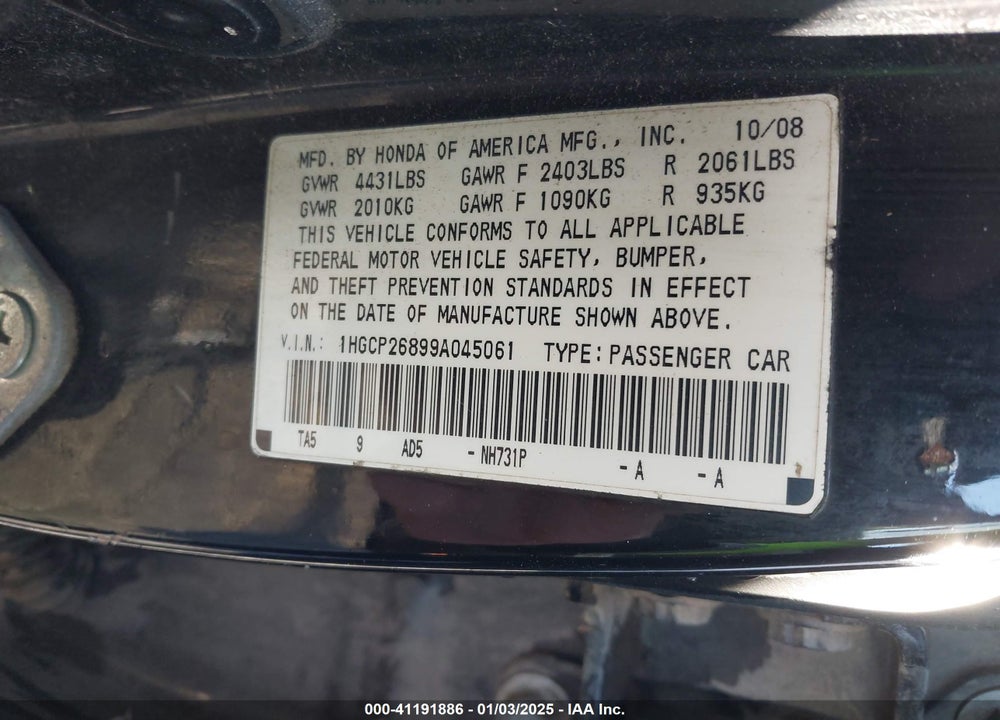 2009 HONDA ACCORD VIN: 1HGCP26899A045061