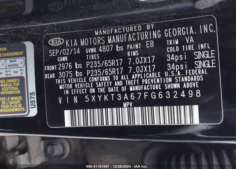 2015 KIA SORENTO LX VIN: 5XYKT3A67FG632498