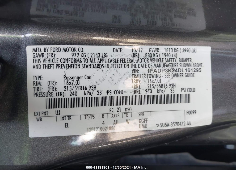 2013 FORD FOCUS VIN: 1FADP3K24DL161295