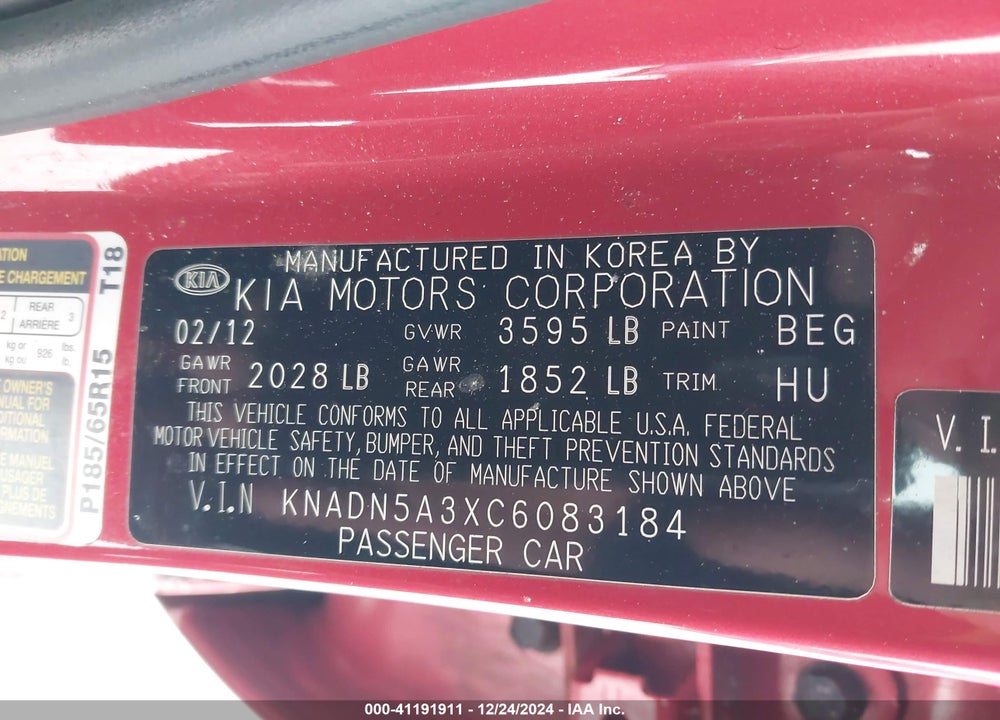 2012 KIA RIO5 EX VIN: KNADN5A3XC6083184