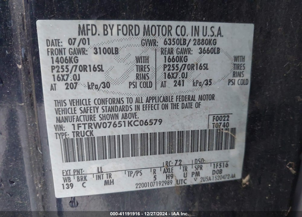2001 FORD F-150 HARLEY-DAVIDSON EDITION/KING RANCH EDITION/LARIAT/XLT VIN: 1FTRW07651KC06579
